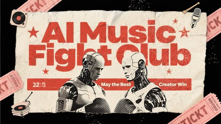 AI Music Fight Club poster showing two futuristic musicians facing off